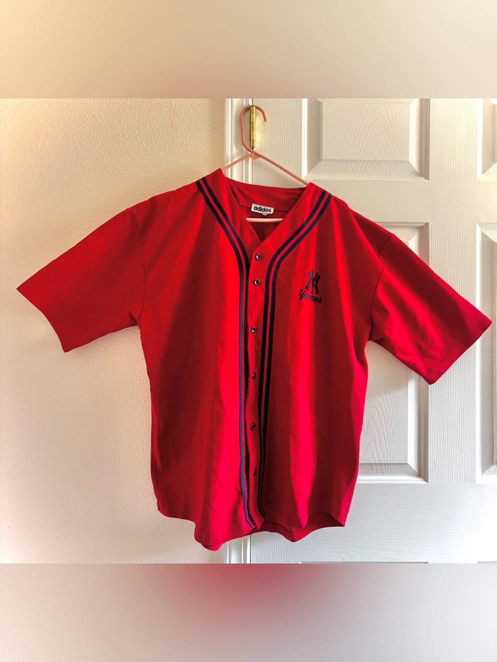 Vintage Red Adidas New York Yankees Short Sleeve Button Up Baseball Jersey XXL